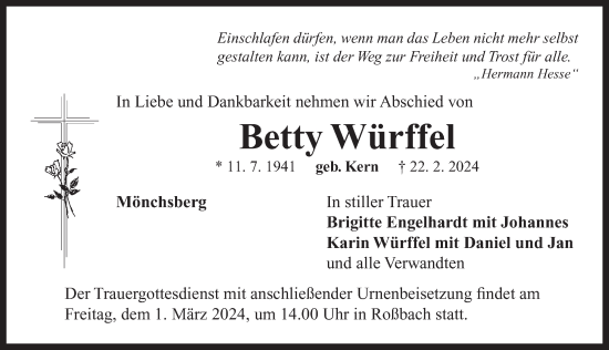 Traueranzeige von Betty Würffel von Neustadt/ Scheinfeld/ Uffenheim