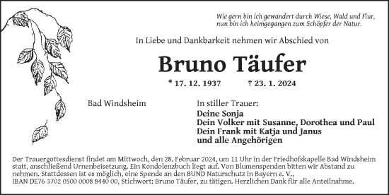 Traueranzeige von Bruno Täufer von Neustadt/ Scheinfeld/ Uffenheim