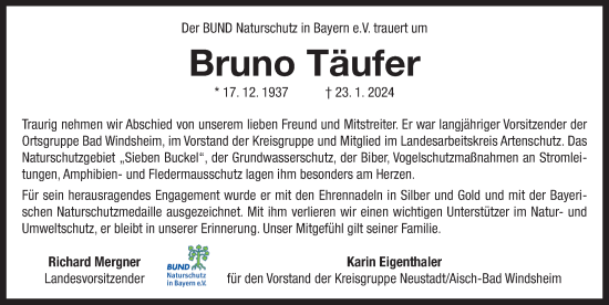 Traueranzeige von Bruno Täufer von Neustadt/ Scheinfeld/ Uffenheim