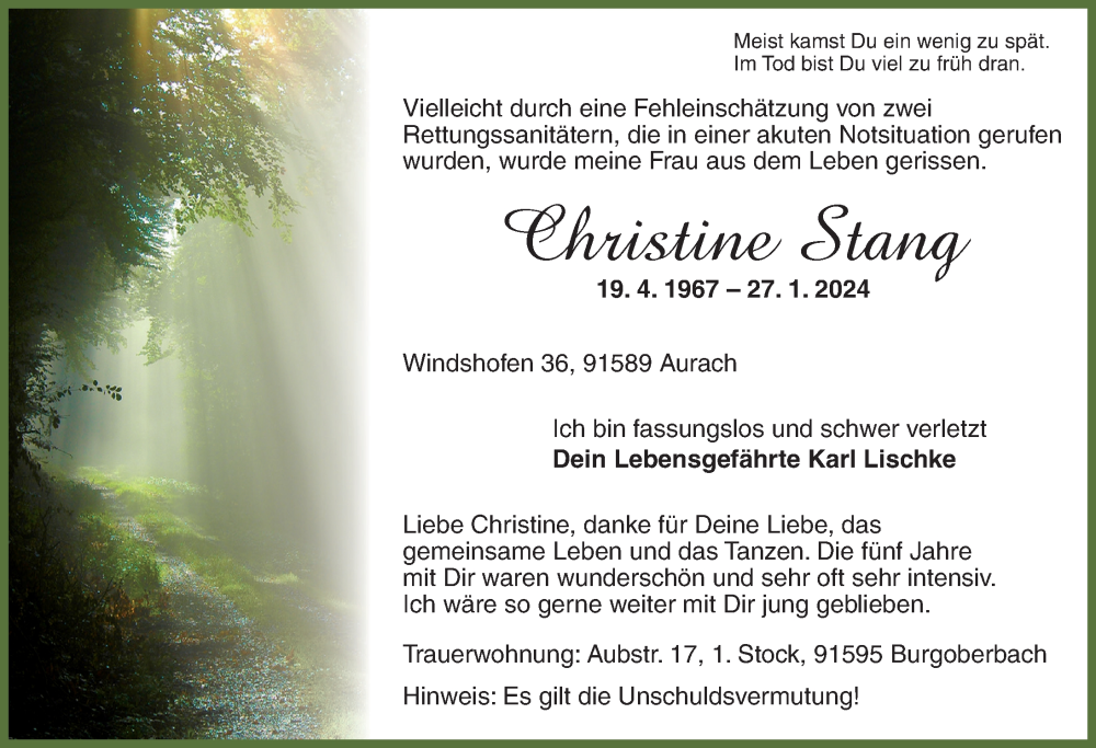  Traueranzeige für Christine Stang vom 03.02.2024 aus Ansbach