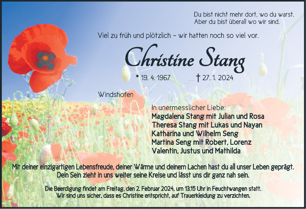  Traueranzeige für Christine Stang vom 01.02.2024 aus Ansbach