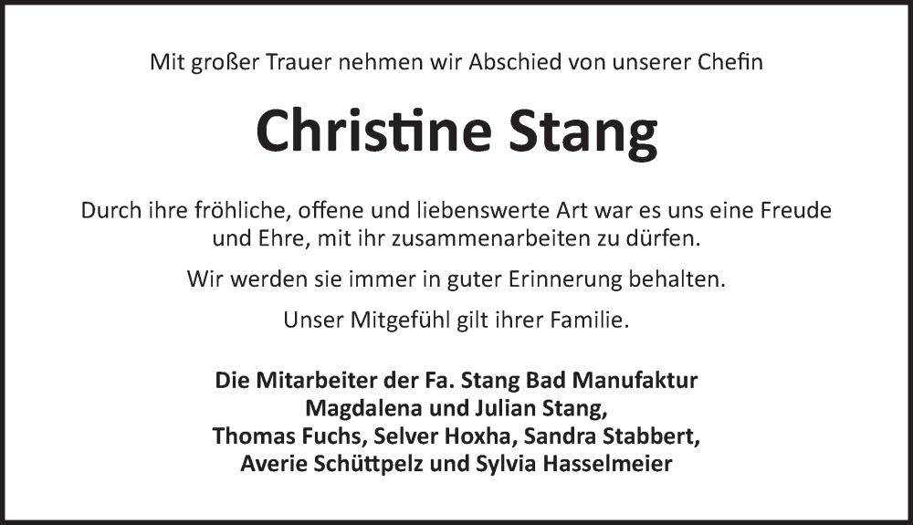  Traueranzeige für Christine Stang vom 02.02.2024 aus GE