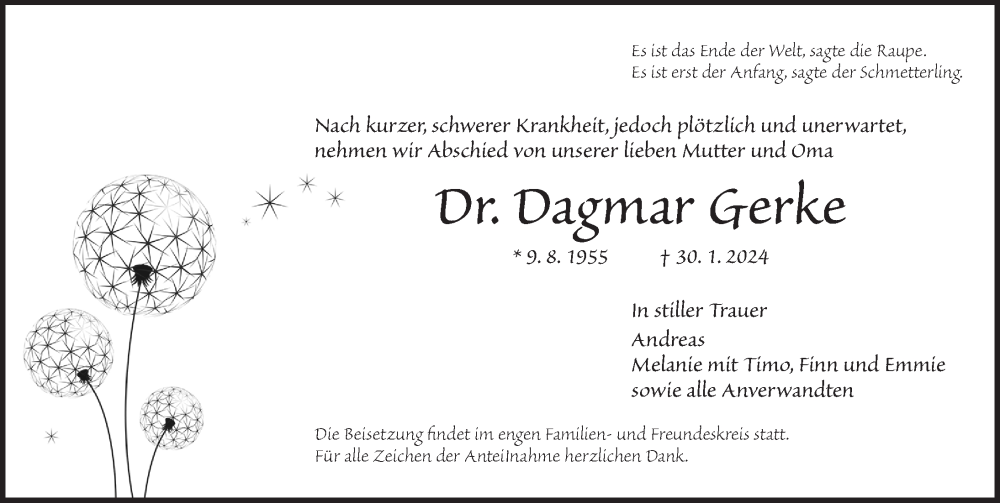  Traueranzeige für Dagmar Gerke vom 10.02.2024 aus Dinkelsbühl/ Feuchtwangen
