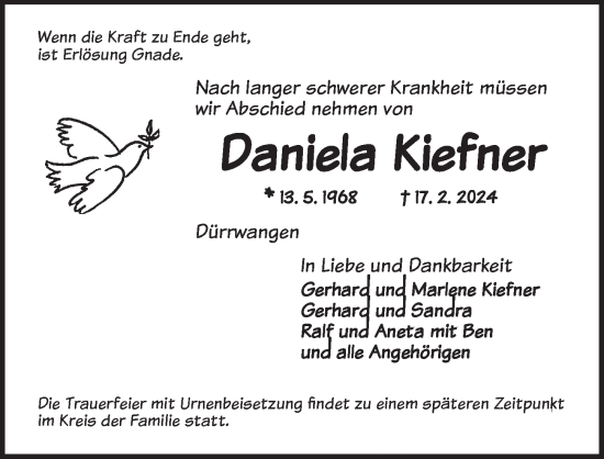 Traueranzeige von Daniela Kiefner von Dinkelsbühl/ Feuchtwangen