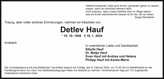 Traueranzeige von Detlev Hauf von Ansbach