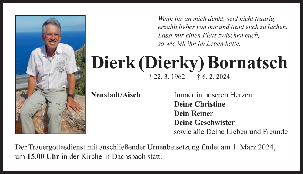  Traueranzeige für Dierk  Bornatsch vom 24.02.2024 aus Neustadt/ Scheinfeld/ Uffenheim