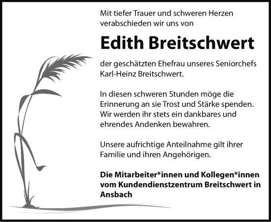 Traueranzeige von Edith Breitschwert von Ansbach