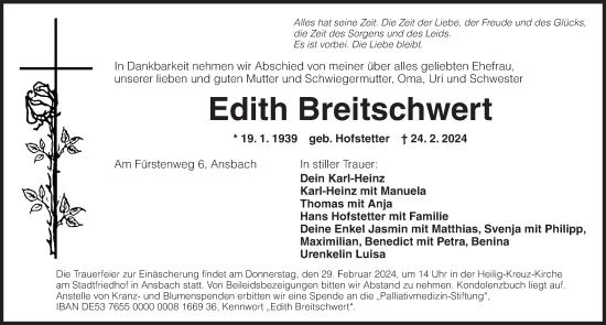 Traueranzeige von Edith Breitschwert von Dinkelsbühl/ Feuchtwangen
