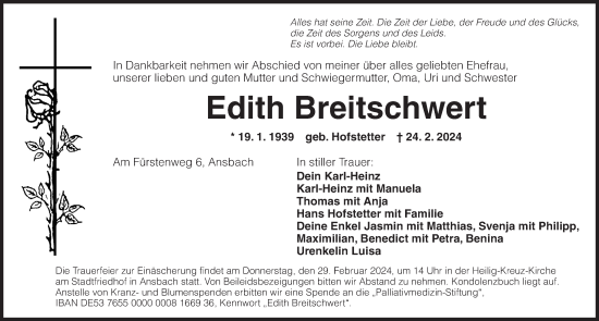 Traueranzeige von Edith Breitschwert von Ansbach