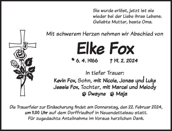 Traueranzeige von Elke Fox von Ansbach