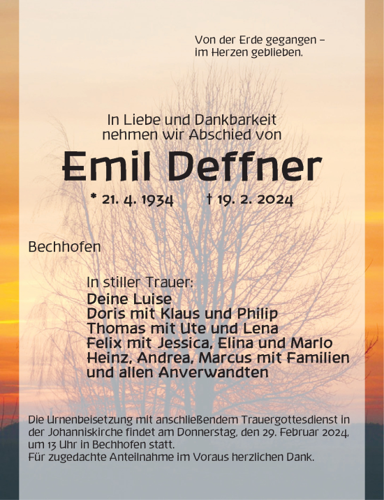 Traueranzeige von Emil Deffner von Dinkelsbühl/ Feuchtwangen