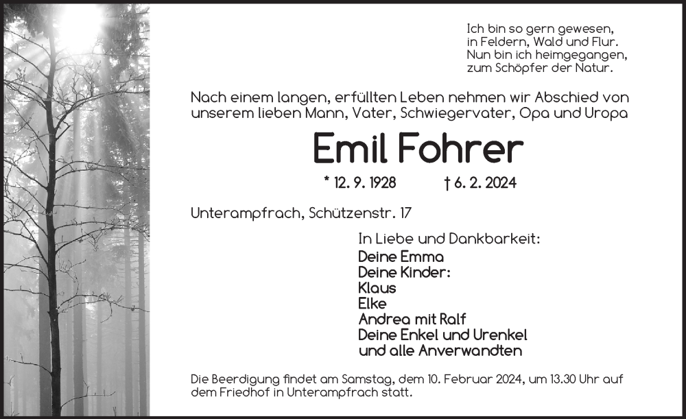  Traueranzeige für Emil Fohrer vom 09.02.2024 aus Dinkelsbühl/ Feuchtwangen