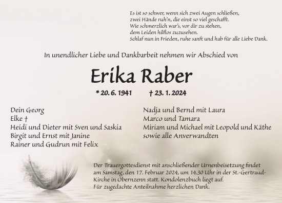 Traueranzeige von Erika Raber von Neustadt/ Scheinfeld/ Uffenheim