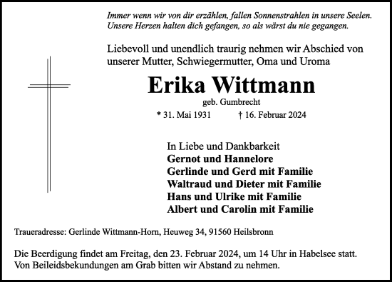 Traueranzeige von Erika Wittmann von Neustadt/ Scheinfeld/ Uffenheim