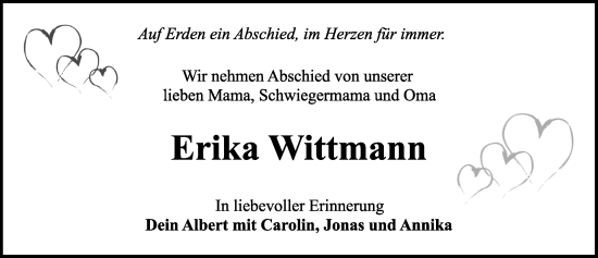 Traueranzeige von Erika Wittmann von Rothenburg