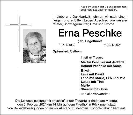 Traueranzeige von Erna Peschke von Dinkelsbühl/ Feuchtwangen