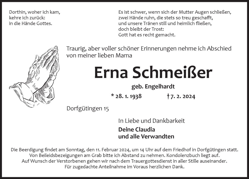  Traueranzeige für Erna Schmeißer vom 09.02.2024 aus GE