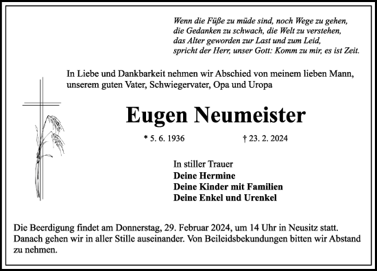 Traueranzeige von Eugen Neumeister von Rothenburg