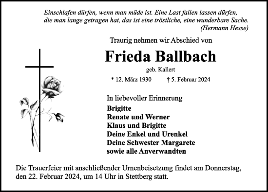 Traueranzeige von Frieda Ballbach von Rothenburg