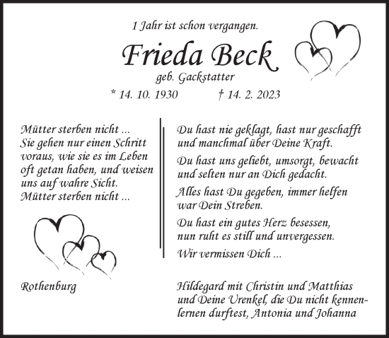 Traueranzeige von Frieda Beck von Dinkelsbühl/ Feuchtwangen