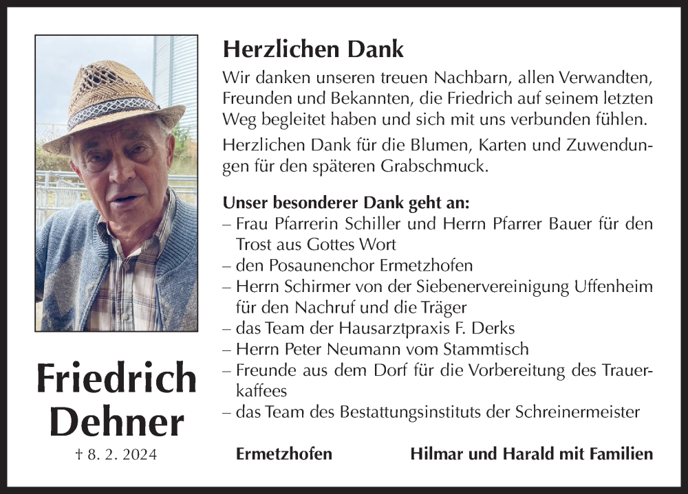  Traueranzeige für Friedrich Dehner vom 24.02.2024 aus Neustadt/ Scheinfeld/ Uffenheim