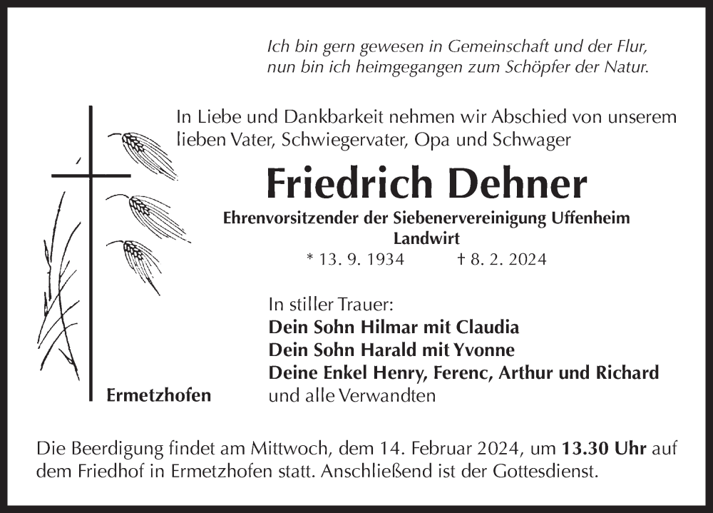 Traueranzeige für Friedrich Dehner vom 10.02.2024 aus Neustadt/ Scheinfeld/ Uffenheim