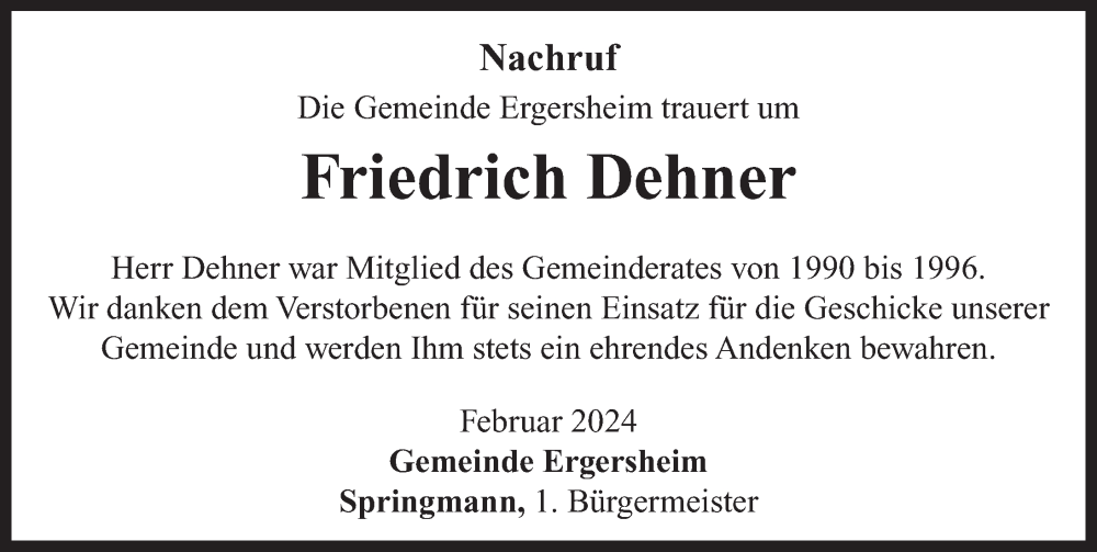  Traueranzeige für Friedrich Dehner vom 14.02.2024 aus Neustadt/ Scheinfeld/ Uffenheim