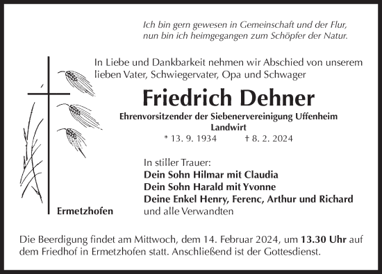 Traueranzeige von Friedrich Dehner von Neustadt/ Scheinfeld/ Uffenheim