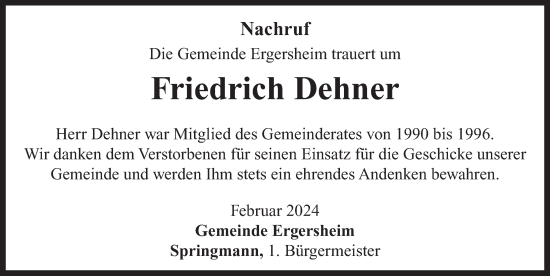 Traueranzeige von Friedrich Dehner von Neustadt/ Scheinfeld/ Uffenheim