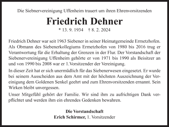 Traueranzeige von Friedrich Dehner von Neustadt/ Scheinfeld/ Uffenheim