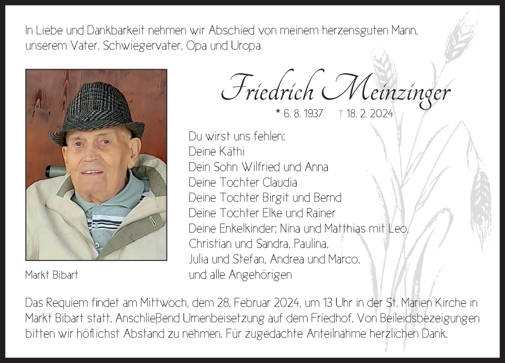  Traueranzeige für Friedrich Meinzinger vom 24.02.2024 aus Neustadt/ Scheinfeld/ Uffenheim