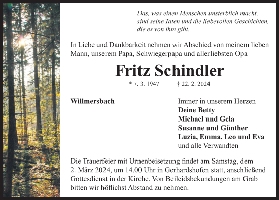 Traueranzeige von Fritz Schindler von Neustadt/ Scheinfeld/ Uffenheim