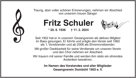 Traueranzeige von Fritz Schuler von Rothenburg