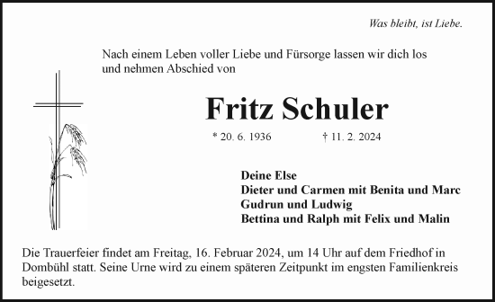 Traueranzeige von Fritz Schuler von Rothenburg