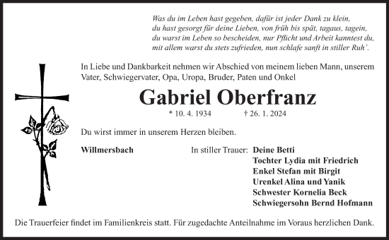 Traueranzeige von Gabriel Oberfranz von Neustadt/ Scheinfeld/ Uffenheim