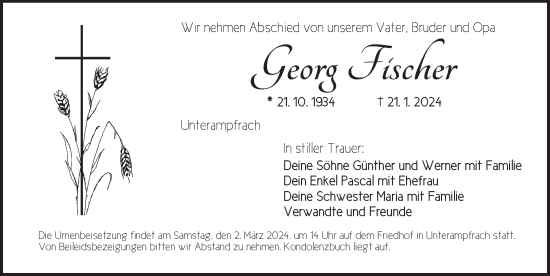 Traueranzeige von Georg Fischer von Dinkelsbühl/ Feuchtwangen