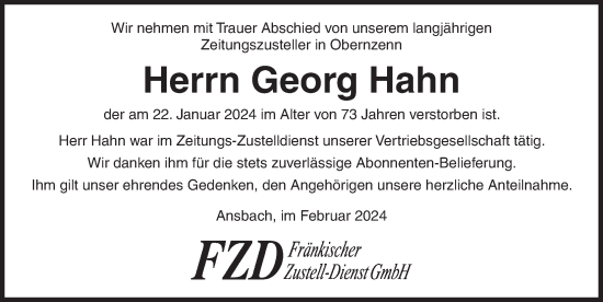 Traueranzeige von Georg Hahn von Neustadt/ Scheinfeld/ Uffenheim