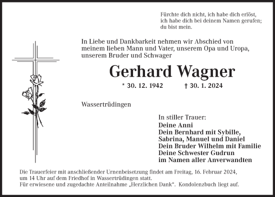 Traueranzeige von Gerhard Wagner von Dinkelsbühl/ Feuchtwangen