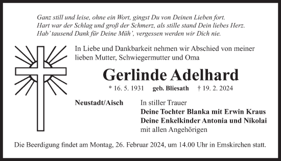 Traueranzeige von Gerlinde Adelhard von Neustadt/ Scheinfeld/ Uffenheim