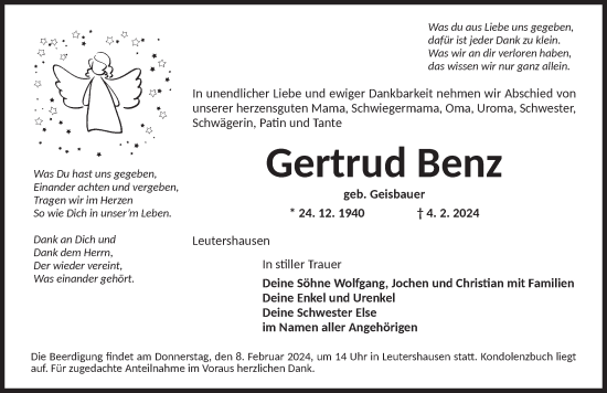 Traueranzeige von Gertrud Benz von Ansbach