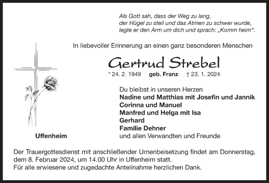 Traueranzeige von Gertrud Strebel von Neustadt/ Scheinfeld/ Uffenheim