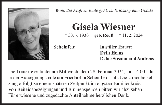 Traueranzeige von Gisela Wiesner von Neustadt/ Scheinfeld/ Uffenheim