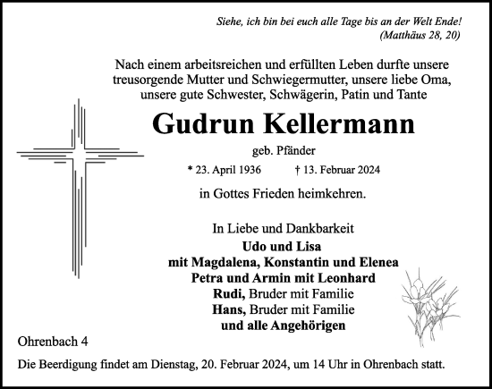 Traueranzeige von Gudrun Kellermann von Rothenburg