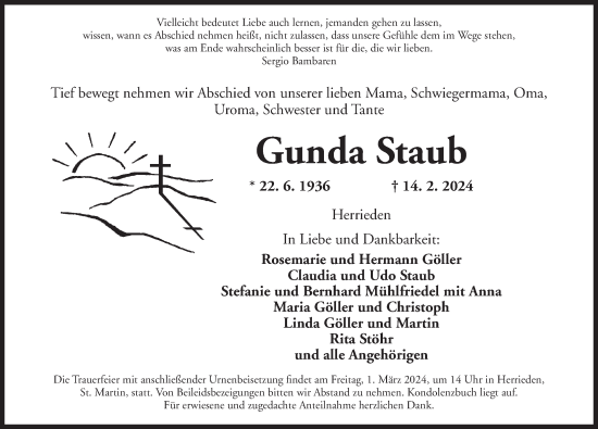 Traueranzeige von Gunda Staub von Ansbach