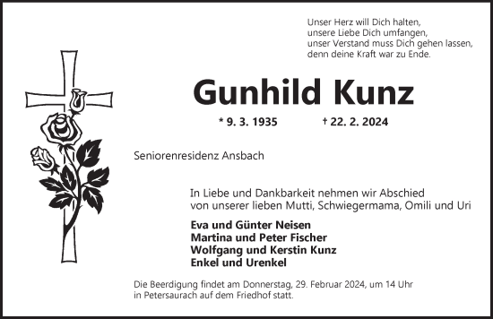 Traueranzeige von Gunhild Kunz von Ansbach