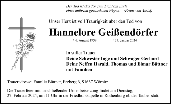 Traueranzeige von Hannelore Geißendörfer von Rothenburg