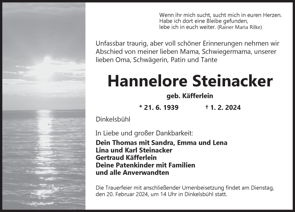  Traueranzeige für Hannelore Steinacker vom 17.02.2024 aus Dinkelsbühl/ Feuchtwangen