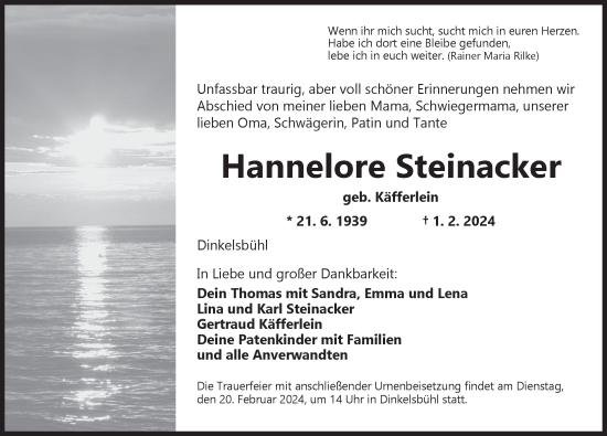 Traueranzeige von Hannelore Steinacker von Dinkelsbühl/ Feuchtwangen