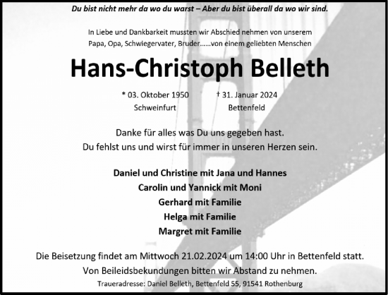 Traueranzeige von Hans-Christoph Belleth von Rothenburg