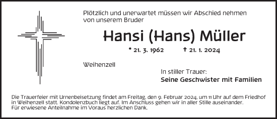 Traueranzeige von Hans Müller von Ansbach